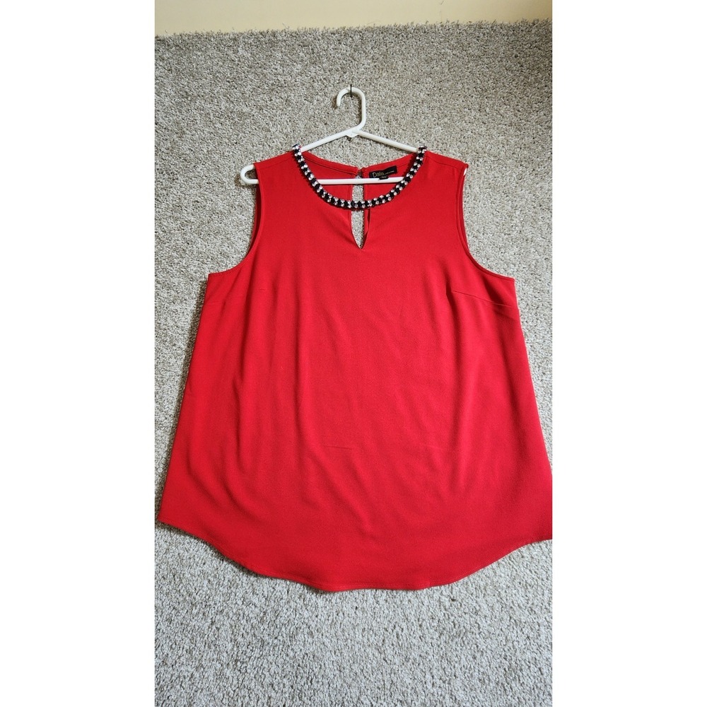 Dalia Womens Red Sleeveless Blouse W/ Keyhole Rhinestone Neckline Size XL